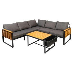 Modern Black Stainless Steel Outdoor Sofa Set with Acacia Wood Tabletop