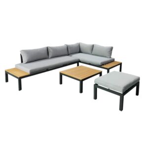 Modern L-Shaped Stain Steel Outdoor Sofa Set with Aciaca Coffee Table – Available in Gray & Black