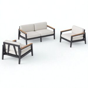 Modern Black Stainless Steel Outdoor Sofa Set with Acacia Wood Armrests – 3-Piece Patio Furniture